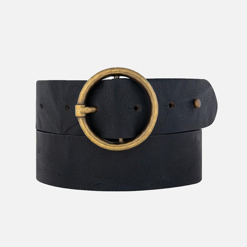 Pip 2.0 | Vintage Gold Round Buckle Leather Belt For Jeans
